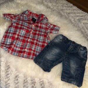 24m boys Quick Silver Plaid Red&Blue shirt sleeve  Shirt “name it” denim shorts